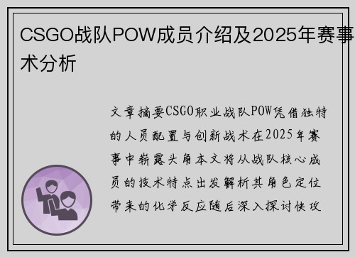 CSGO战队POW成员介绍及2025年赛事战术分析